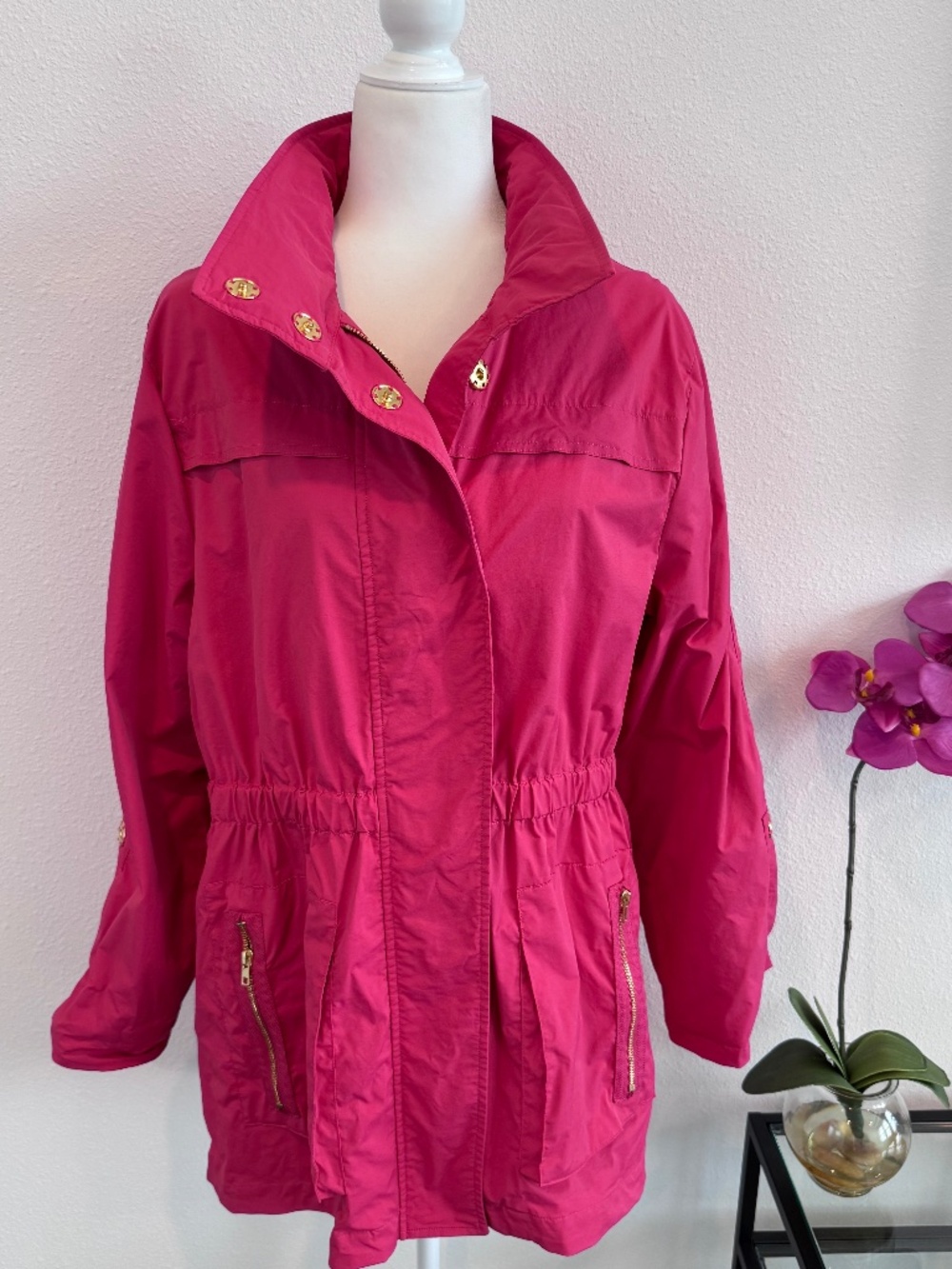 Liza Byrd Womens The Eliza Rain/Utility Jacket W/Hidden hood in Hot Pink Size XL